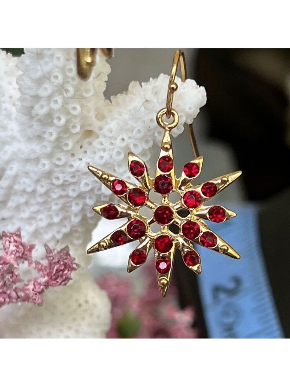 Gold Red Starburst Swarovski Crystals Statement Earrings